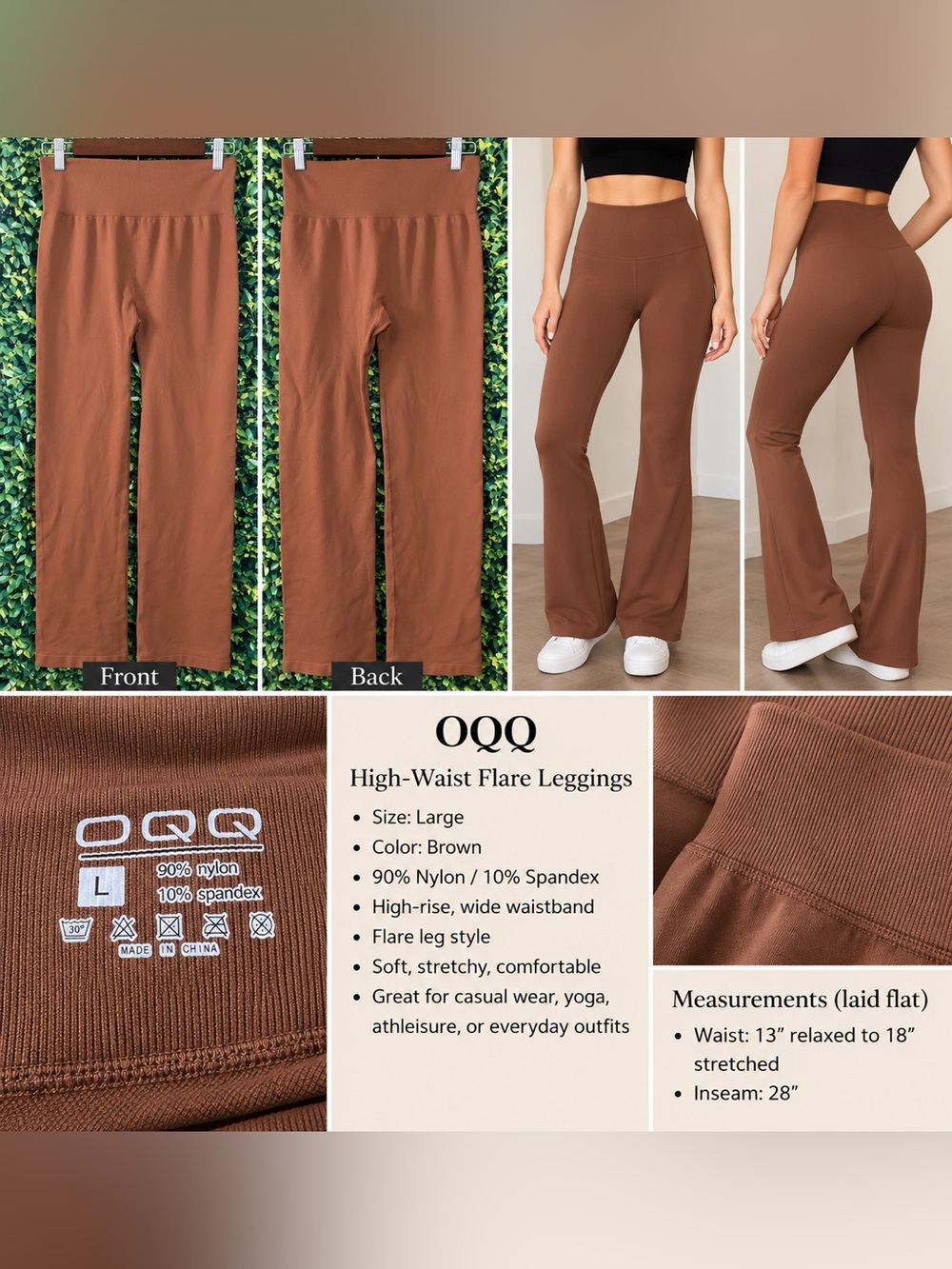 OQQ Brown Flare Leggings Large High Waist Yoga Pants Stretch 28” Inseam